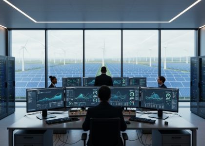 “Clean energy control room with glowing AI server equipment in front of a large window overlooking wind turbines and solar panels.”