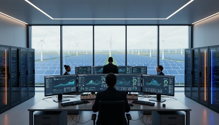 “Clean energy control room with glowing AI server equipment in front of a large window overlooking wind turbines and solar panels.”
