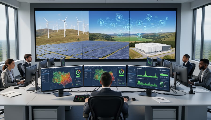 Energy control room operator monitoring clean energy operations near equipment racks.