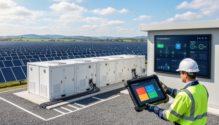Solar panels and a battery energy storage unit at a clean-energy facility during sunrise.