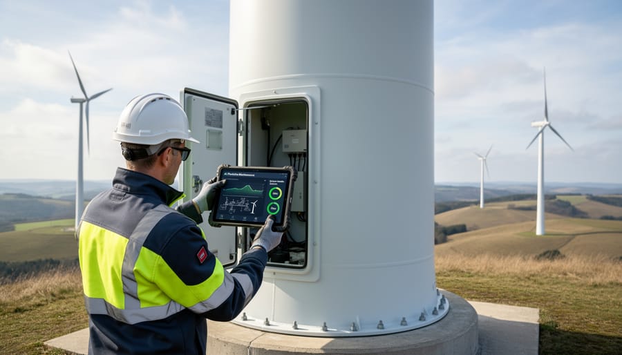 Technician inspecting a wind turbine nacelle with safety harness and handheld device.