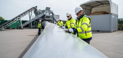 Workers inspecting a decommissioned wind turbine blade segment in a recycling yard with recycling equipment in the background.