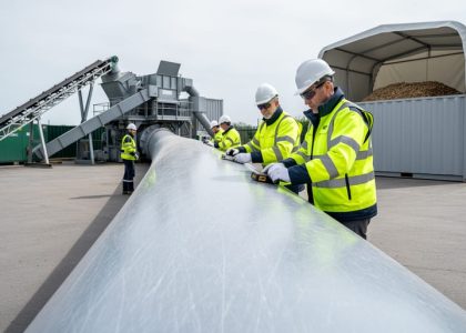Workers inspecting a decommissioned wind turbine blade segment in a recycling yard with recycling equipment in the background.